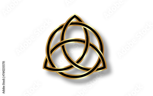 Triquetra geometric logo, Gold Trinity Knot, Wiccan symbol for protection. Vector golden and black Celtic knot isolated on white background. Wicca divination symbol, ancient occult sign