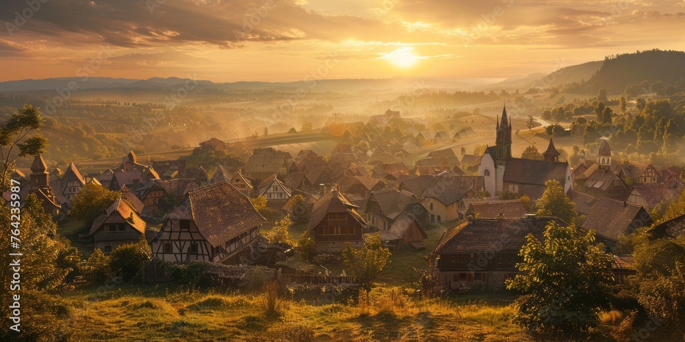 Landscape photography of a village in the germanic countryside in the middle ages, cinematic, sunrise - obrazy, fototapety, plakaty 