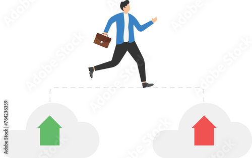 Businessman walks from old cloud to new cloud. Changing business

