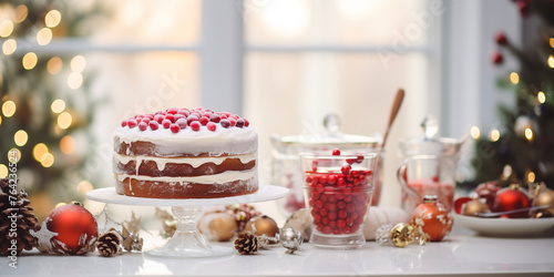 Christmas cake and sweets on table. Christmas decorations with lights background. Happy New Year! Christmas greeting card. Winter card template. Xmas concept. Holiday Banner. Christmas tableware.