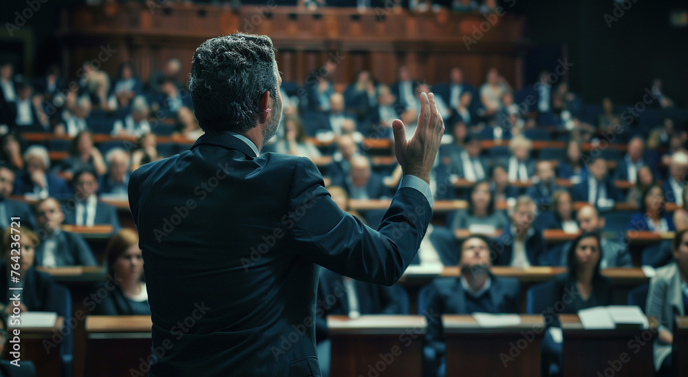 Unknown businessman person raising his hand during their company presentation seminar for asking question amon audience