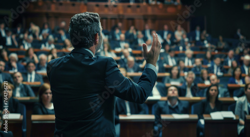 Unknown businessman person raising his hand during their company presentation seminar for asking question amon audience