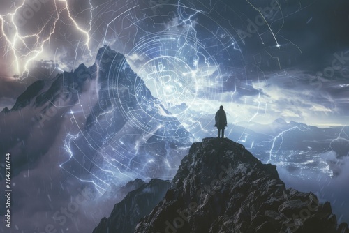 lone figure standing atop mountain peak, swirling vortex of bitcoin, stormy sky overhead crackling with lightning. disruptive potential of decentralized finance in reshaping the financial landscape. photo