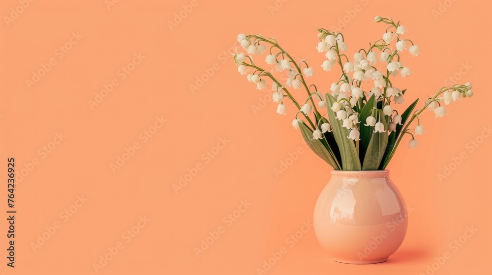 A vase filled with white lily of the valley flowers on an orange background with copy-space