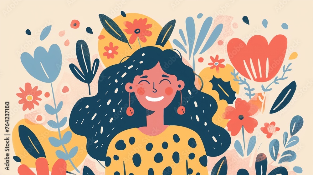 Fototapeta premium a woman with long hair and a yellow shirt surrounded by flowers and plants