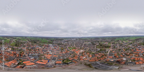 360 degrees panorama ready for VR of artistic Dutch town Ootmarsum seen from above. Aerial of historic countryside town in Twente, The Netherlands