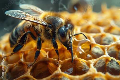 Wallpaper Mural Vivid portrayal of a bee mid-action on the comb structure with intricate detail and texture Torontodigital.ca