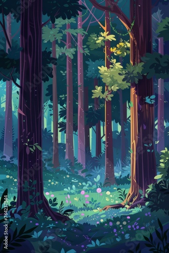A painting depicting a dense forest teeming with numerous towering trees. The scene is vibrant and rich with various shades of green, showcasing the complexity and beauty of the natural landscape © Vit