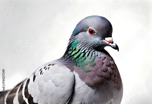 A close-up of a pigeon perched gracefully on a white background, its feathers ruffled by a gentle breeze, capturing the bird's elegant demeanor © Tanveer