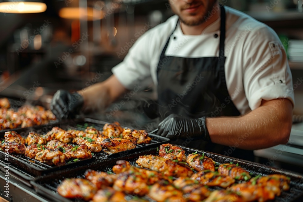 A professional chef is focused on grilling seasoned chicken thighs on a flaming grill at a restaurant