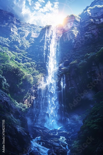 A powerful waterfall cascading through a lush green forest  surrounded by towering trees and rocks. The water rushes downward  creating a mesmerizing sight in the heart of nature