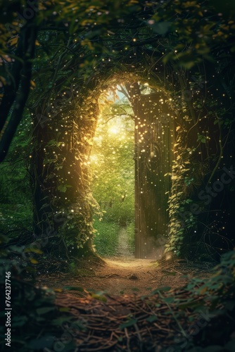 A tunnel can be seen in the woods, with a bright light emanating from its entrance. The scene appears intriguing and mysterious