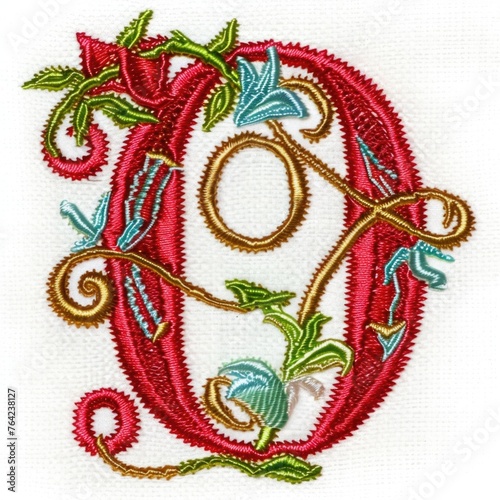 A red and green embroidered letter o on a white background