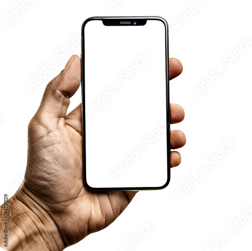 40 year old man holding a smart cell phone in his hand on a transparent background PNG - easy modification