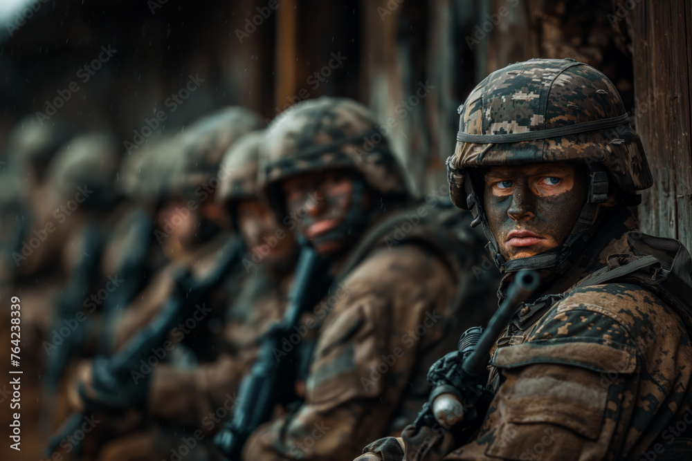 Line of focused soldiers in camouflage gear sitting against a wall in the rain