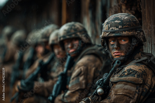 Line of focused soldiers in camouflage gear sitting against a wall in the rain