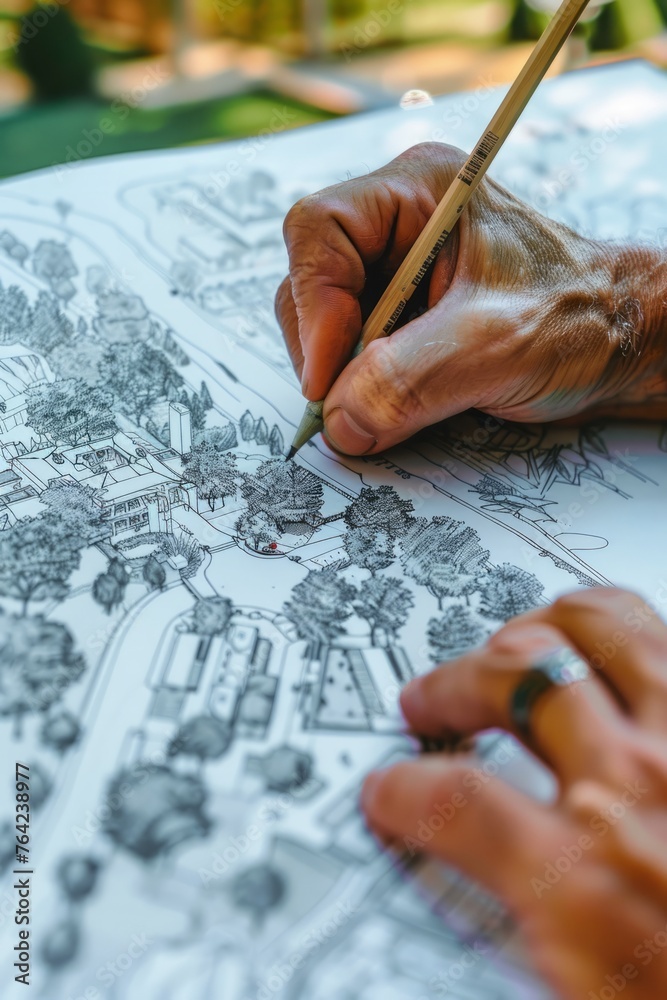 An individual is focused on sketching a picture using a pencil. Their hand moves skillfully across the paper, creating detailed lines and shapes to bring the image to life An individual is focused on sketching a picture using a pencil. Their hand moves skillfully across the paper, creating detailed lines and shapes to bring the image to life