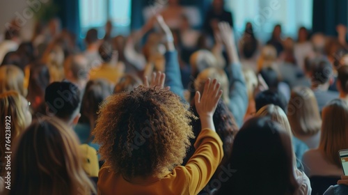 Diverse Audience at Seminar Raises Their Hands. DEIB, Diversity, Equity, Equality, Inclusion, Belonging, Hand, Participation, Classroom, Raise, Training, Education, Professional
