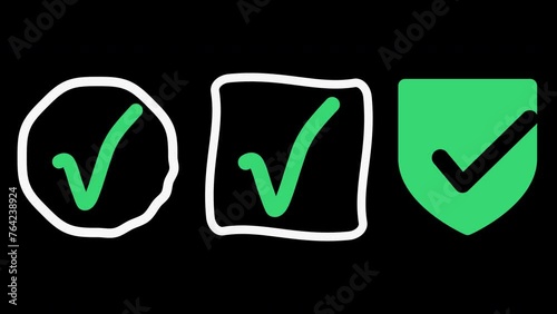 Check marks sign set, animated 4k motion graphic video. Hand drawn approved symbols bundle, transparent background. Alpha channel web animations. (ID: 764238924)