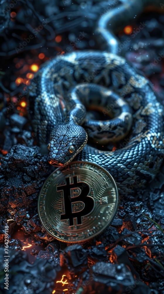 Snake encrypting bitcoin wallet, dusk, eyelevel, noir cyber heist , photographic style