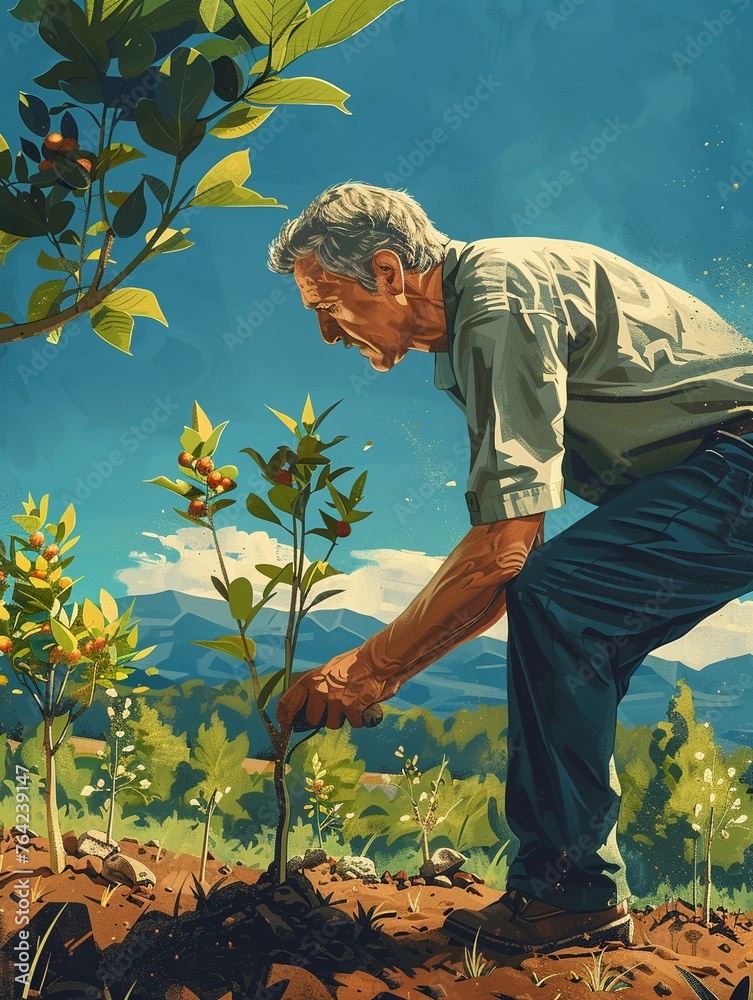 An individual exuding optimism while planting trees in a community garden, under a clear blue sky An individual exuding optimism while planting trees in a community garden, under a clear blue sky