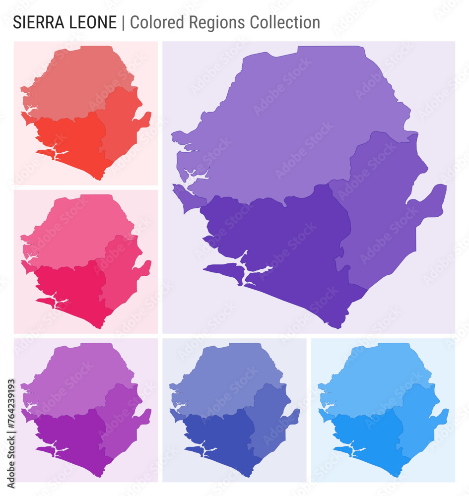 Sierra Leone map collection. Country shape with colored regions. Deep Purple, Red, Pink, Purple, Indigo, Blue color palettes. Border of Sierra Leone with provinces for your infographic.