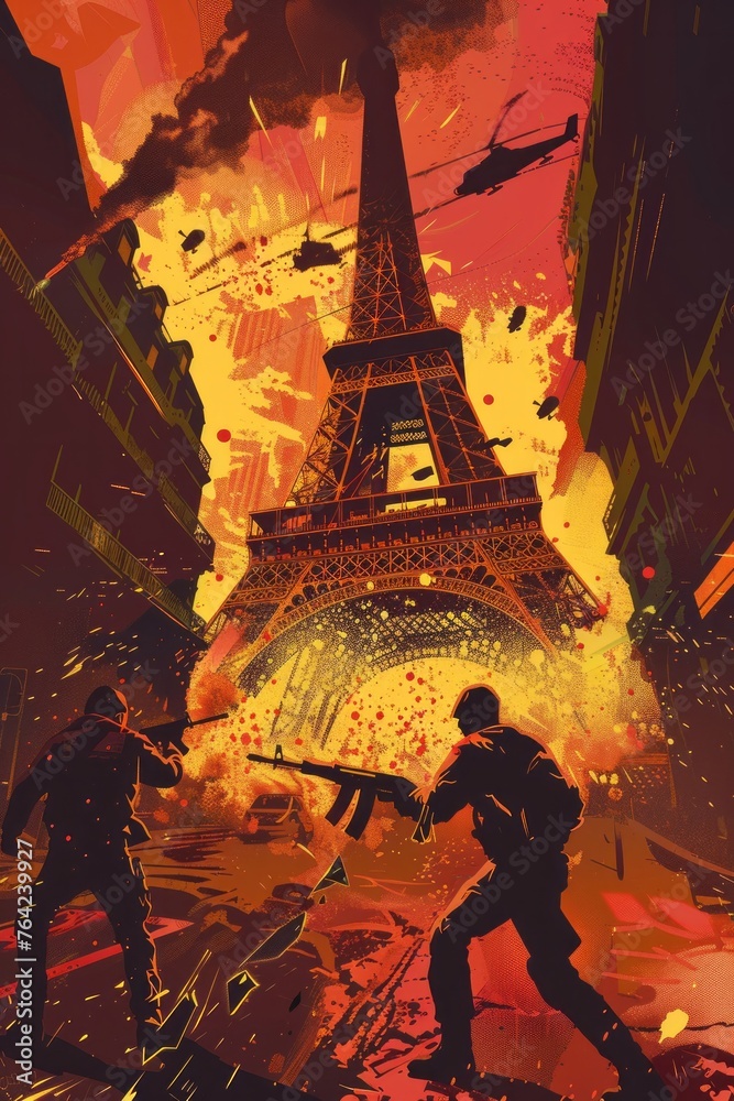 A painting depicting a man holding a gun in front of the iconic Eiffel Tower. The scene captures the tension and danger of a potential attack on a cultural landmark
