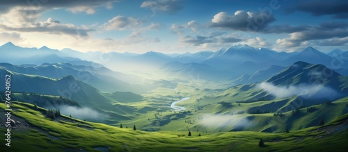 Imagine a picturesque green valley nestled among majestic mountains, with fluffy clouds filling the sky