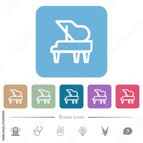 Grand piano outline flat icons on color rounded square backgrounds