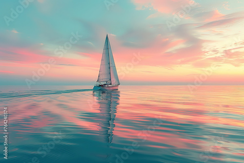 Sailing on the calm sea surface at dawn