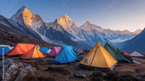 Vibrant tents pitched at a high-altitude base camp offer a colorful foreground against the stunning backdrop of snow-capped peaks kissed by the last rays of the sun