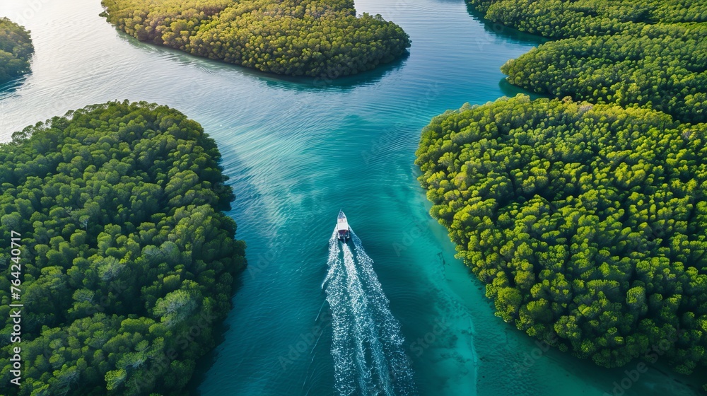 A boat sails through a mangrove forest in the Farasan Islands, part of Saudi Arabia's Jazan Province.