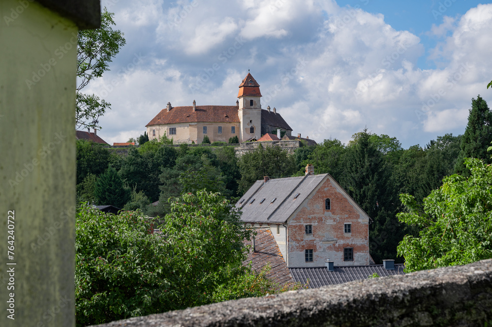 Scenic view on ancient castle in Austria. Cloudy sky and full frame