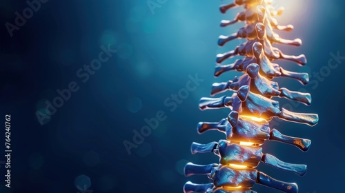 Spine bone structure human anatomy with light on dark blue background. AI generated image photo