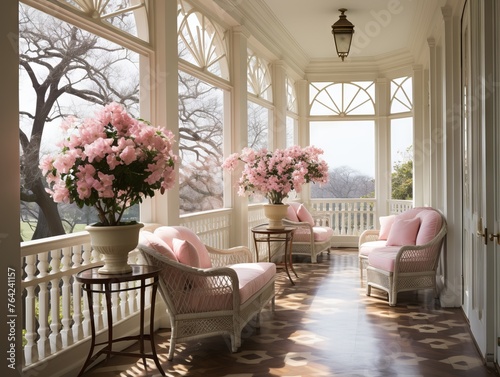 Cozy English-style veranda with flower arrangements and garden furniture. Concept: home design and landscape design, goods for home and garden, magazines about landscaping and interiors