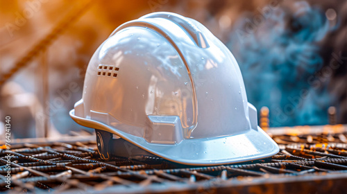 Construction safety helmet on site, symbolizing engineers protection and work photo