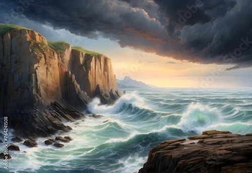 Cliff and stormy sea, generative AI
