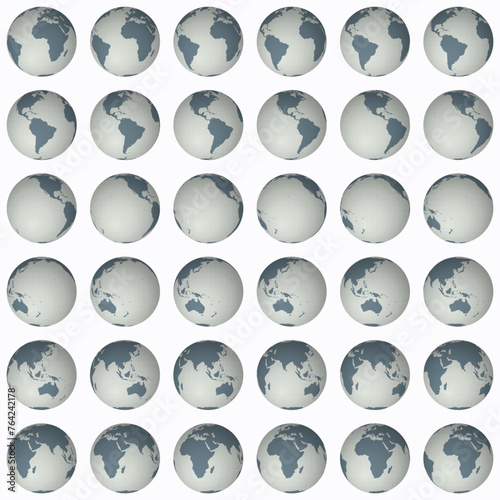 Collection of earth globes. Normal sphere view. Rotation step 10 degrees. Solid color style. World map with sparse graticule lines on lightness background. Fresh vector illustration.