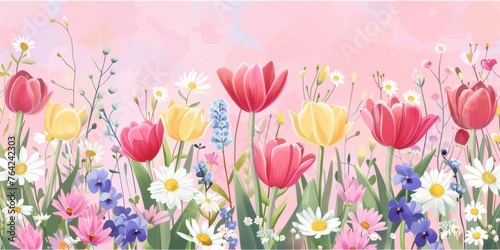 A pastel pink background with spring flowers like tulips, daisies and violets in the foreground A spring meadow scene in the style of nature Generative AI