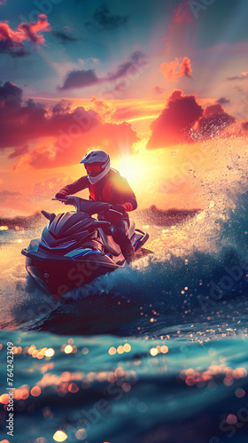 Thrilling Action of Jet Ski Adventure on Sparkling Waters Under a Vivid Sunset © Lillie