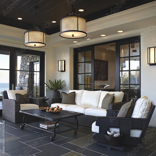 Elegant interior with upholstered furniture in light colors and a stylish coffee table in the center.
Concept: luxury real estate, home comfort design.