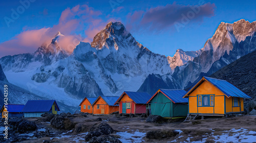 Vibrant tents pitched at a high-altitude base camp offer a colorful foreground against the stunning backdrop of snow-capped peaks kissed by the last rays of the sun