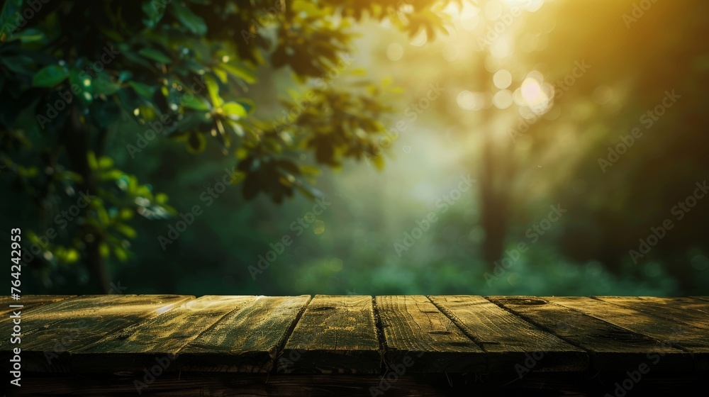 Empty Wooden Table Facing Forest - obrazy, fototapety, plakaty 