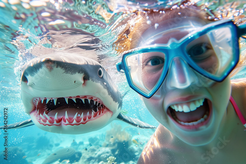 Aquatic Grin  Playful Shark and Diver s Underwater Selfie