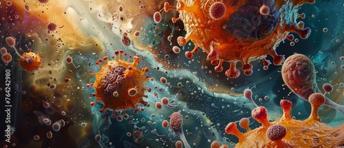 A detailed painting of a human cell, with Vitamin E depicted as tiny shields protecting against oxidative damage photo