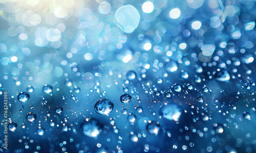 Macro photography of raindrops on glass with bokeh lights. Abstract water droplets background for design and art