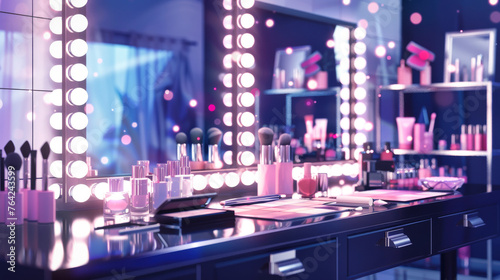 Luxury cosmetics in front of a lighted makeup mirror photo