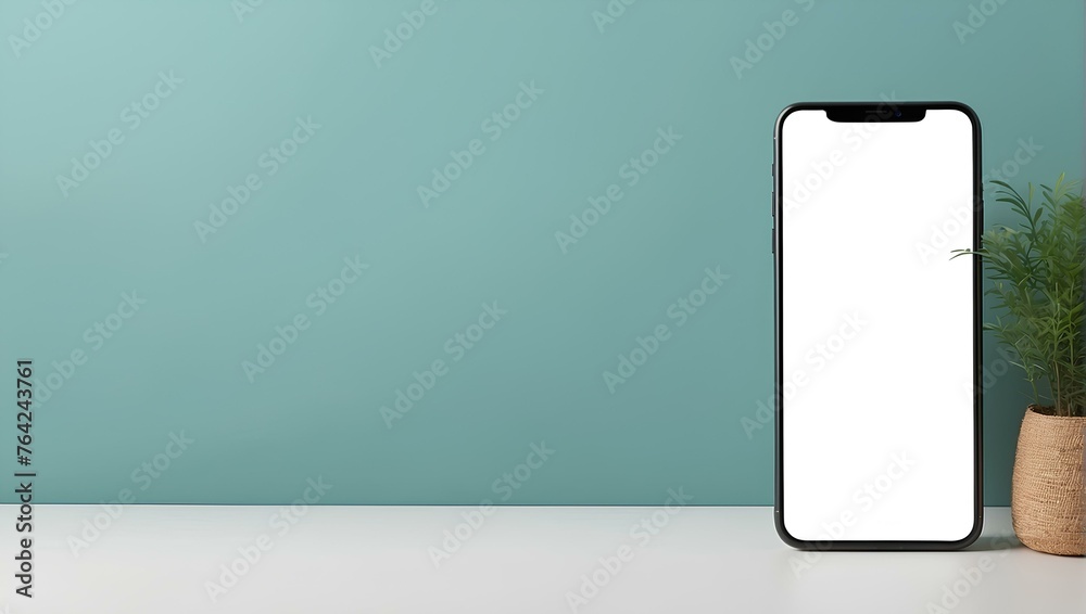 phone with blank white screen on the floor with plant in empty room, copy space, space for text and design, technology advertisements phone with blank white screen on the floor with plant in empty room, copy space, space for text and design, technology advertisements