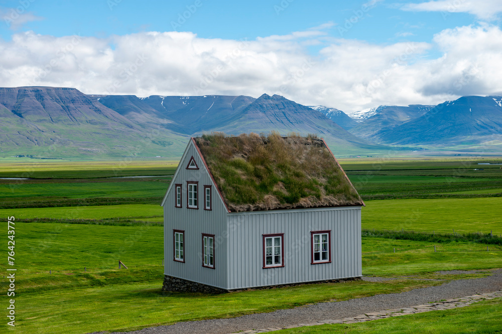 A lonely house among the greenery in the countryside in Iceland.