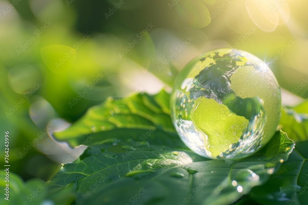 A clear globe is sitting on a leaf. The globe is surrounded by water droplets, giving it a shiny and reflective appearance. Concept of harmony between nature and technology A clear globe is sitting on a leaf. The globe is surrounded by water droplets, giving it a shiny and reflective appearance. Concept of harmony between nature and technology